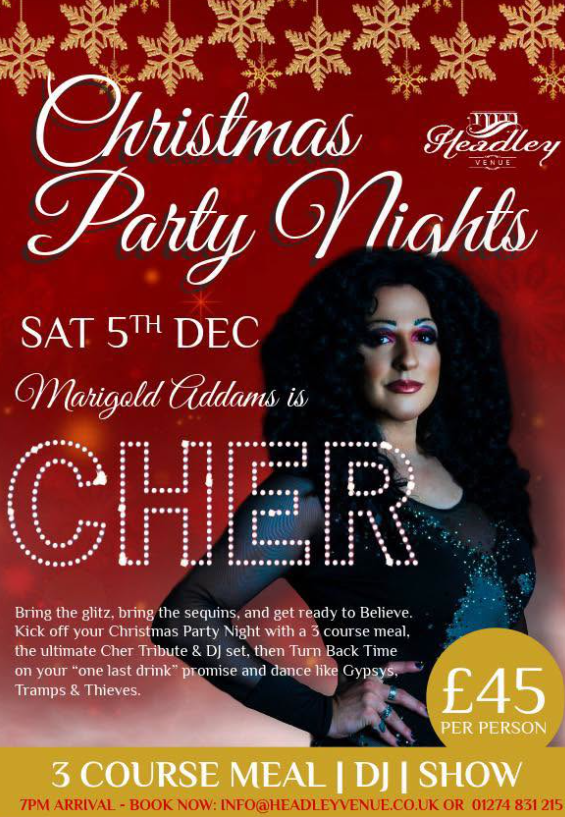 Headley Christmas party nights poster with dates, £45 per person, three-course meal, DJ and show, 7pm arrival.