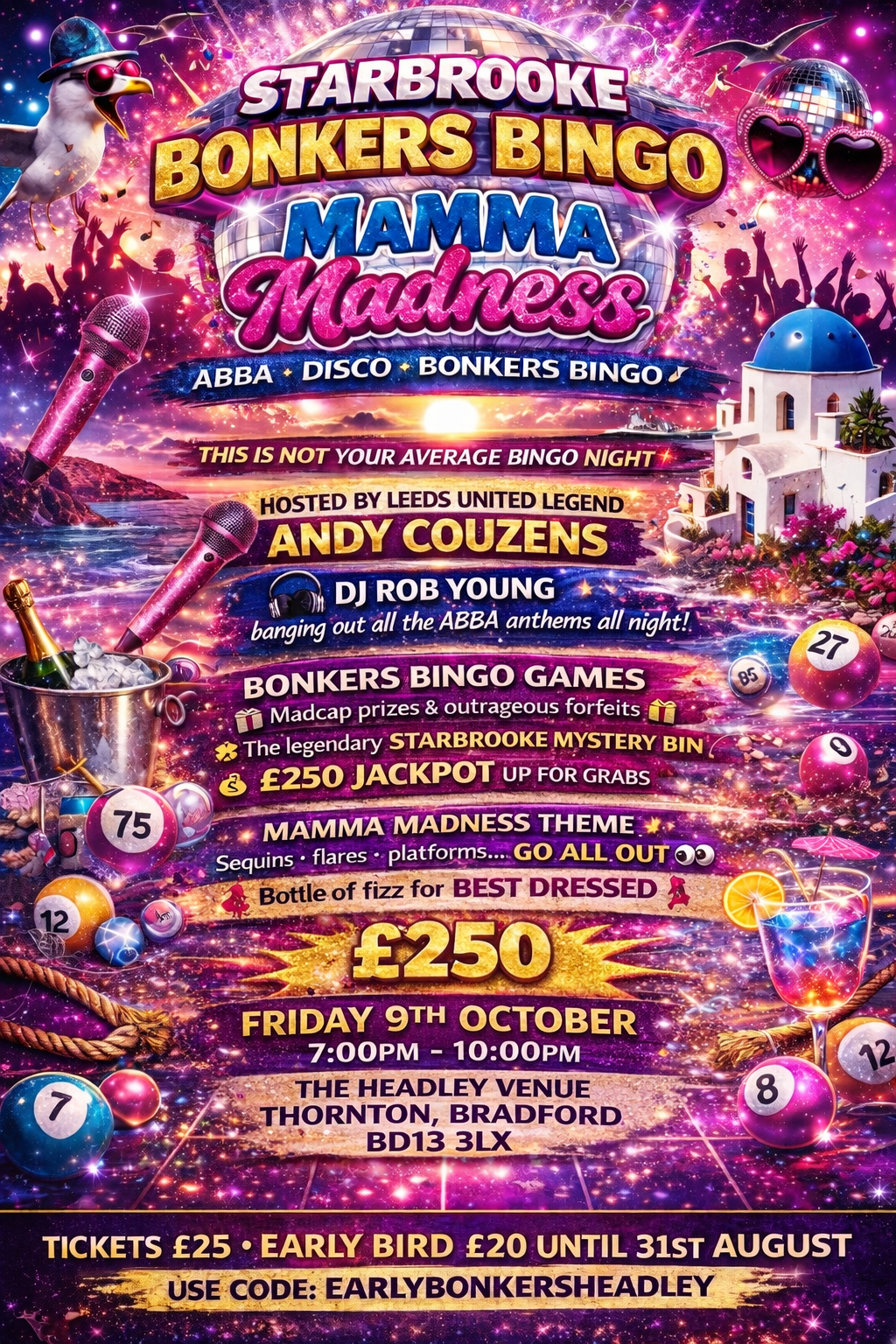 Starbrooke Mamma Madness ABBA and disco Bonkers Bingo poster for Headley Venue, Friday 9 October, 7–10pm.